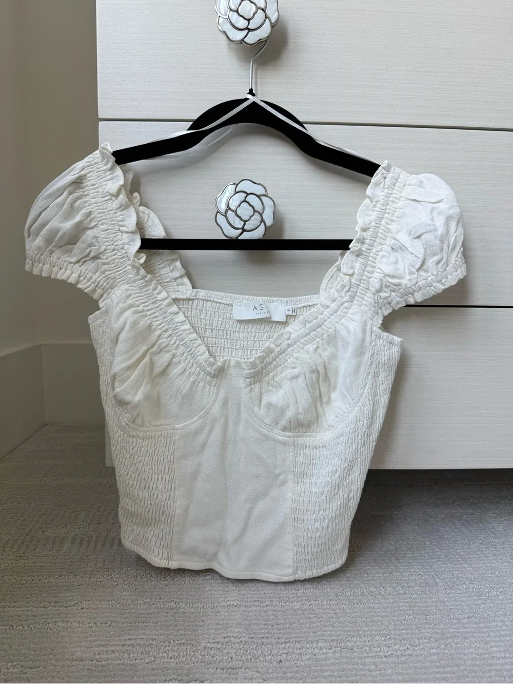 Astr White Puff-Sleeve Smocked Bustier Top